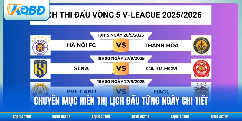 Chuyên mục hiển thị lịch đấu từng ngày chi tiết